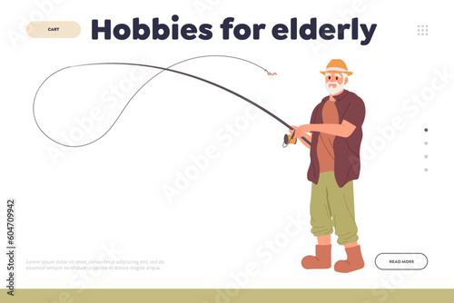 Hobbies for elderly concept for landing page design template with happy old man character fishing
