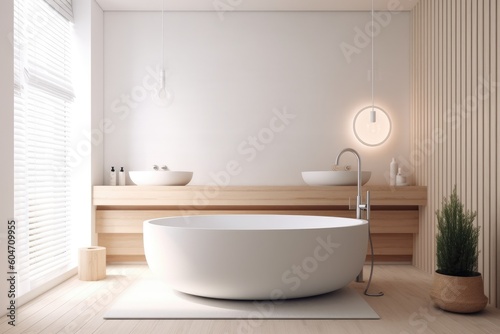 Interior of white wooden bathroom with round white tub in corner. luxury and relaxation idea. a mockup. Generative AI