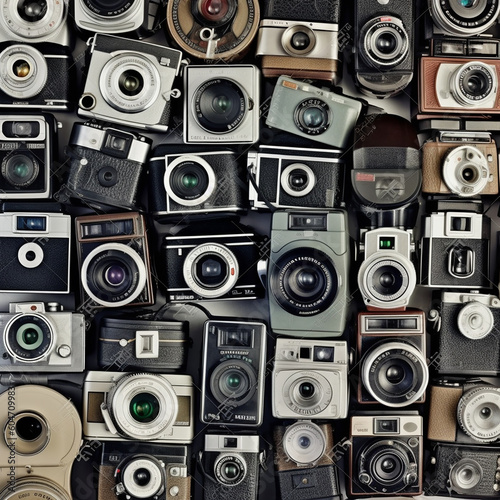 Background from old vintage retro cameras, photographic wallpaper, ai generative