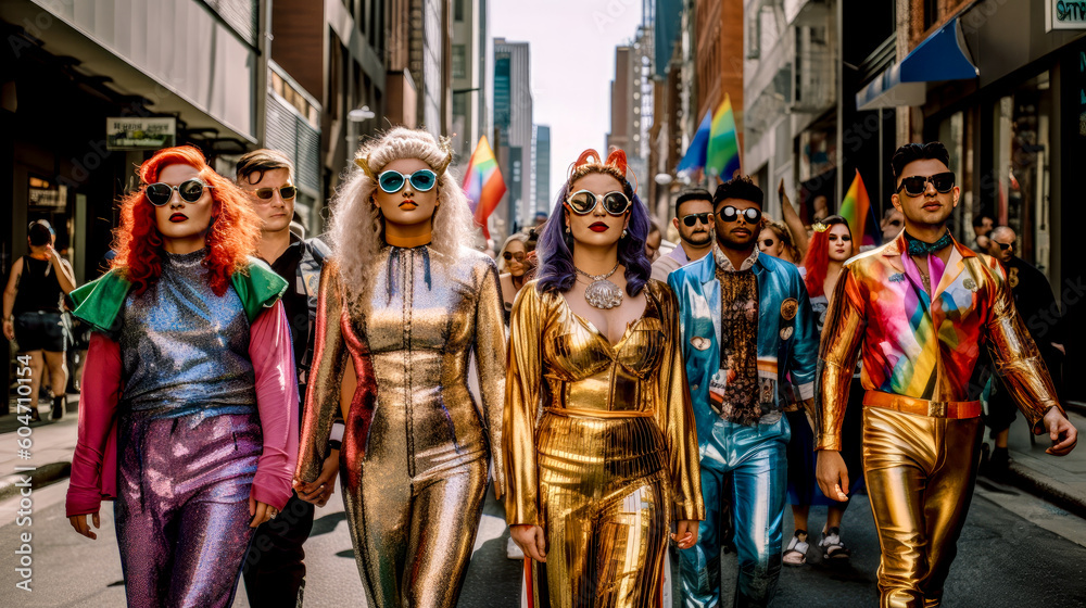CSD LGBTQ Pride Parade, where Rainbow Colours dominate the scene all in glittering Costumes as Drag Queens or normal Generative AI Digital Art Illustration Background Magazin Cover 