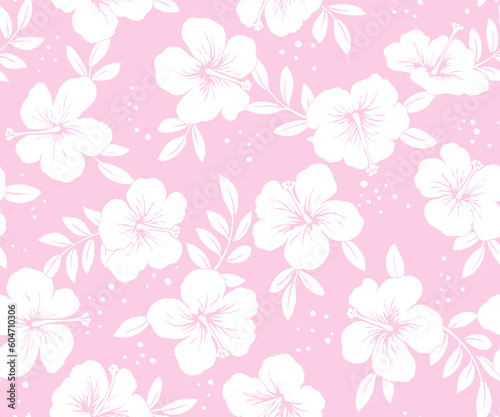 ハイビスカスと葉っぱのトロピカルなパターン-2way-手描き