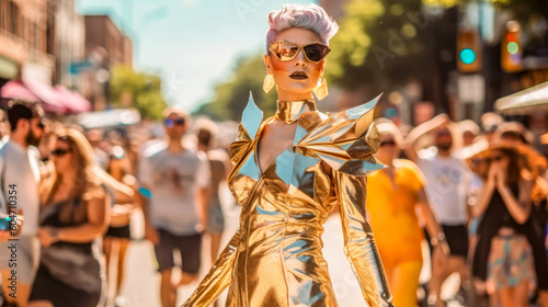 CSD LGBTQ Pride Parade  where Rainbow Colours dominate the scene all in glittering Costumes as Drag Queens or normal Generative AI Digital Art Illustration Background Magazin Cover 