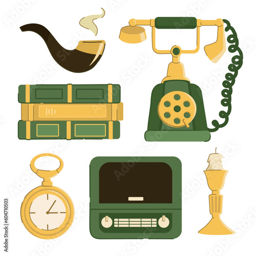 Antiques objects set. Phone, smoking pipe, books, clock and candlestick. Archeology and paleontology, history. Vintage items collection. Cartoon flat vector illustrations isolated on white background