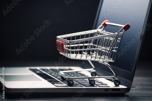 Online shopping concept. Shopping cart with laptop on the desk.