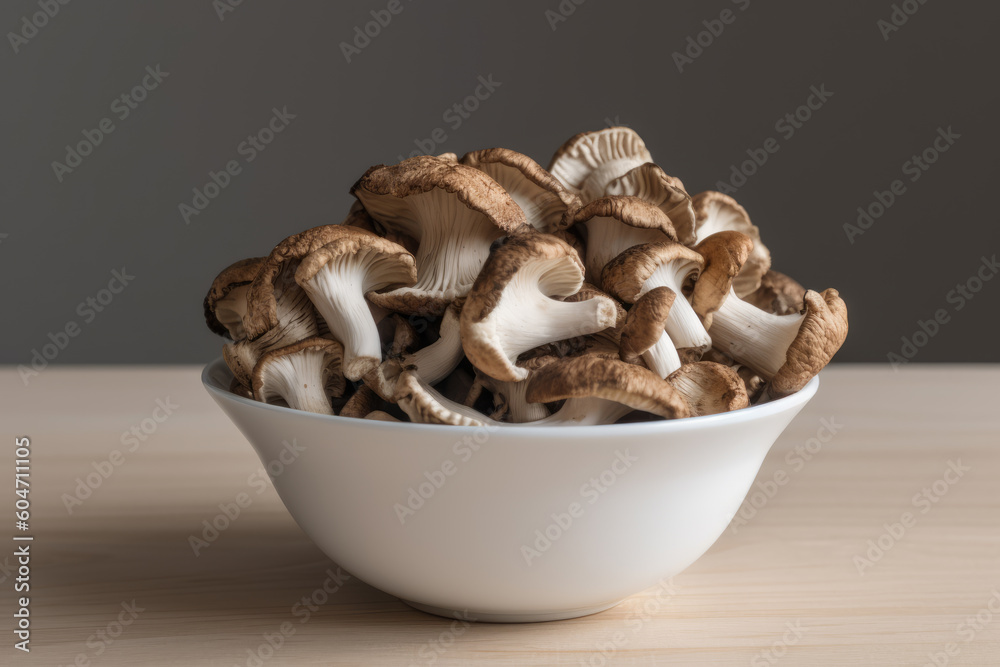 Dried shiitake mushroom in white ceramic bowl Dried shiitake mushroom in white ceramic bowl