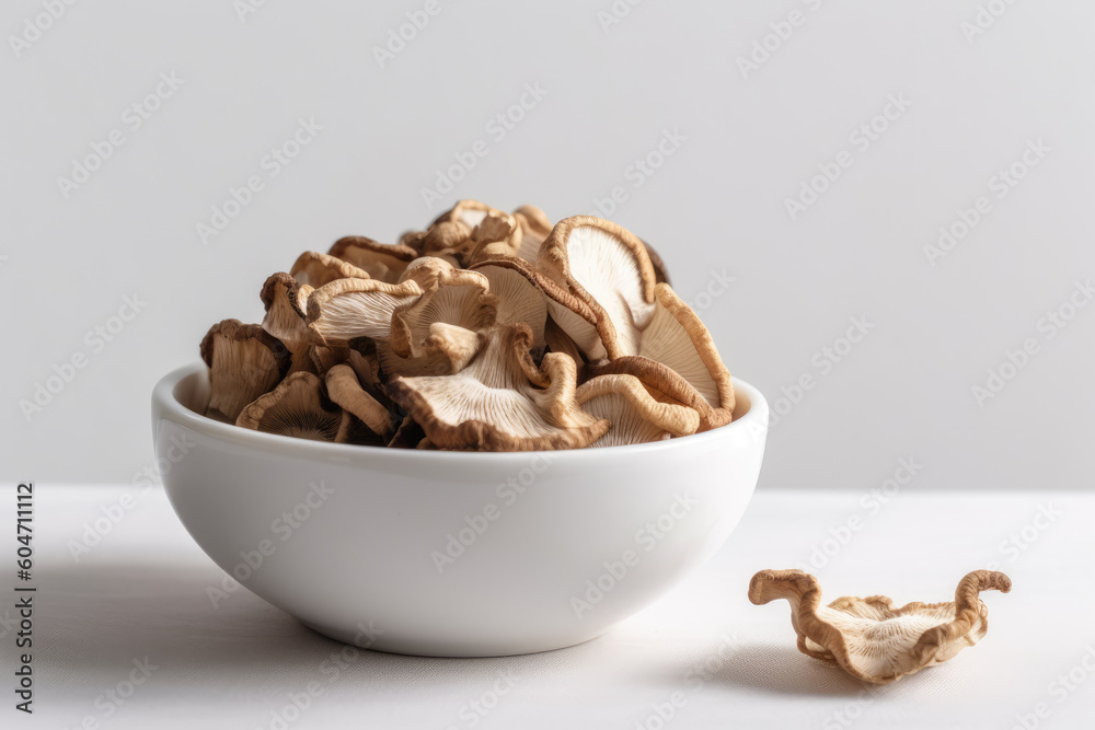 Dried shiitake mushroom in white ceramic bowl Dried shiitake mushroom in white ceramic bowl