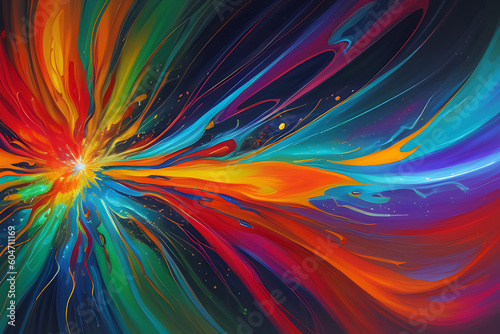"Harmonic Cosmos" is an abstract painting featuring an explosion of vibrant colors and organic forms, generative AI © Alex Carvalho