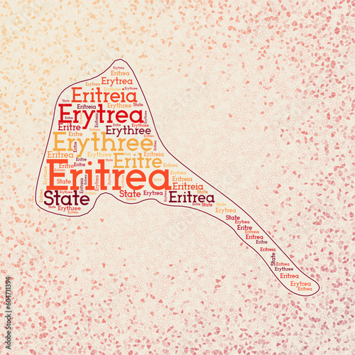 Eritrea shape whith country names word cloud in multiple languages. Eritrea border map on stylish triangles scattered around. Artistic vector illustration.