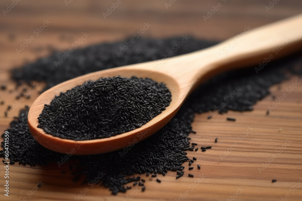Black Sesame close up shot in wood spoon on wood background Black Sesame close up shot in wood spoon on wood background