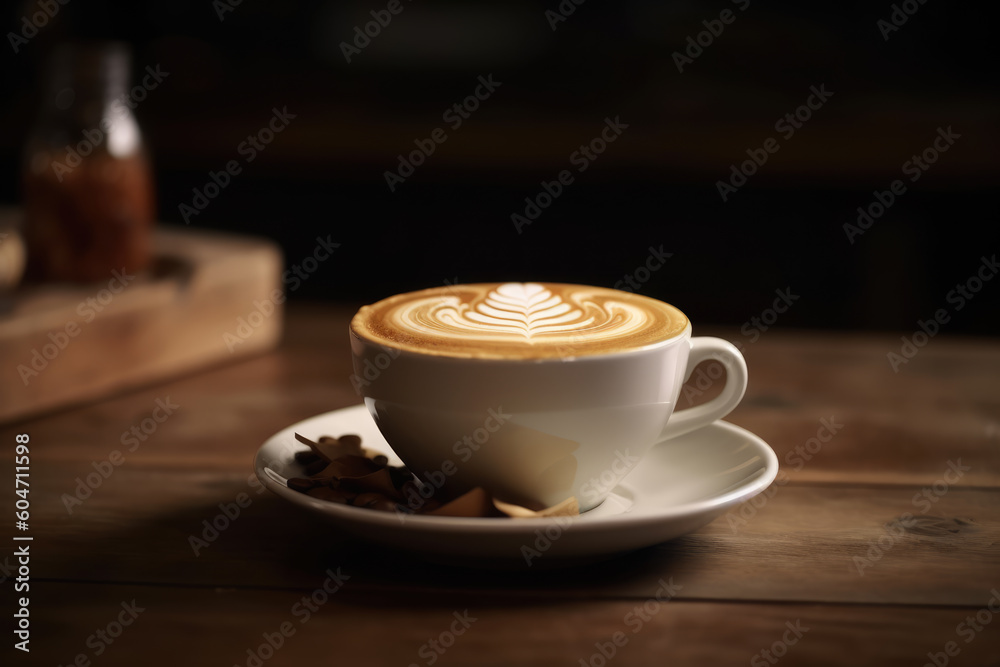Cup of coffee latte with beautiful latte art on wood table background