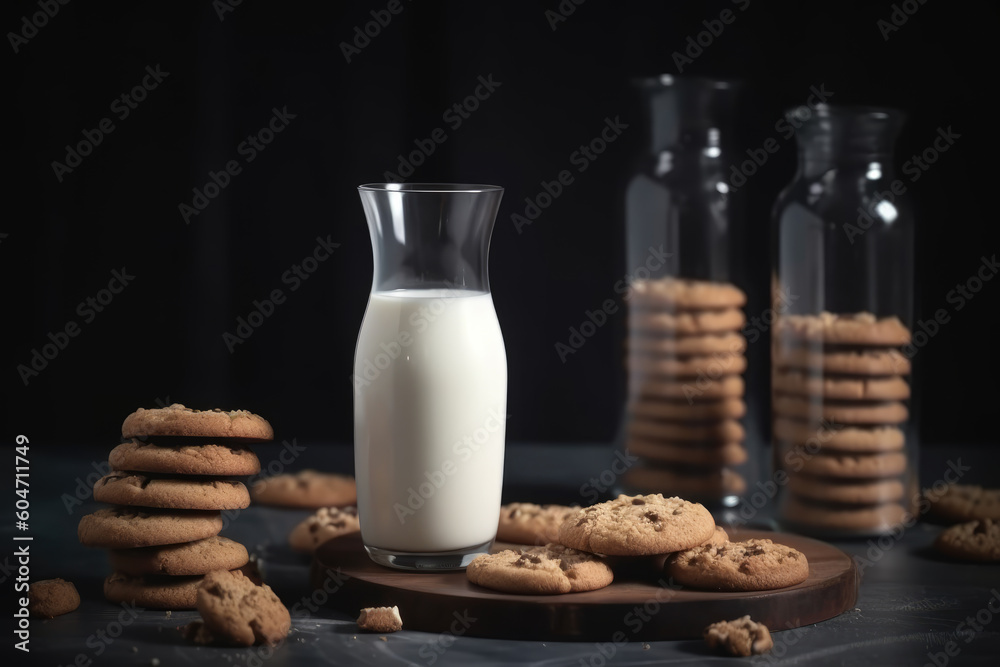 Milk in glass with cookies on stack Milk in glass with cookies on stack