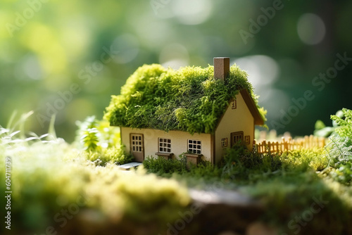 Eco house concept. Green and environmentally friendly housing. Small house covered in moss. High quality photo Generative AI © Starmarpro