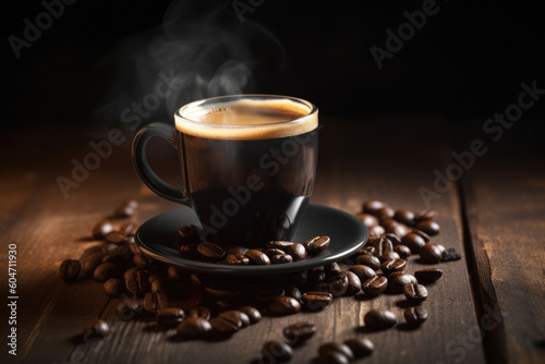 Fresh tasty espresso cup of hot coffee with coffee beans on wood table background 