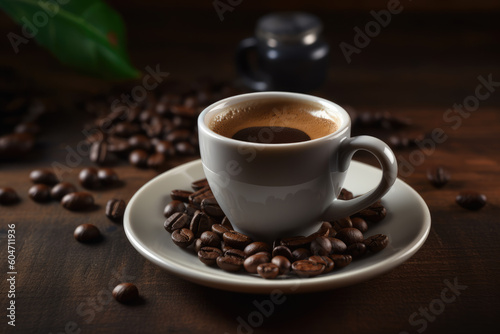 Fresh tasty espresso cup of hot coffee with coffee beans on wood table background 