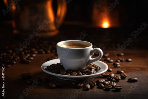 Fresh tasty espresso cup of hot coffee with coffee beans on wood table background 