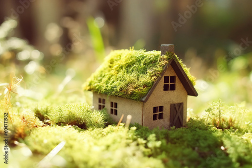Eco house concept. Green and environmentally friendly housing. Small house covered in moss. High quality photo Generative AI