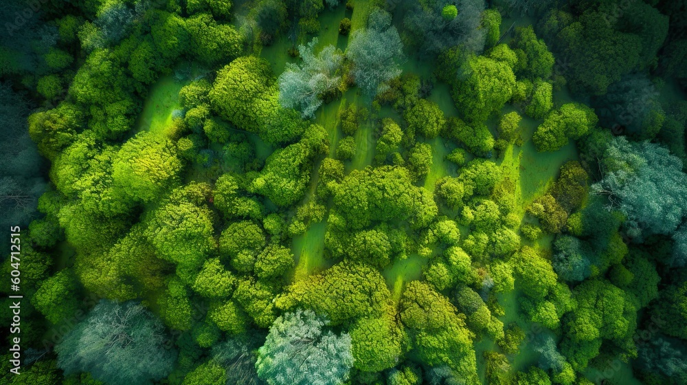 Top view of a lush forest with different shades of green vegetation creating abstract composition. Generative ai Top view of a lush forest with different shades of green vegetation creating abstract composition. Generative ai