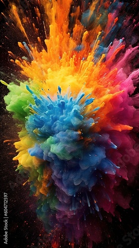 Explosion of colors in dust over dark background. Generative AI