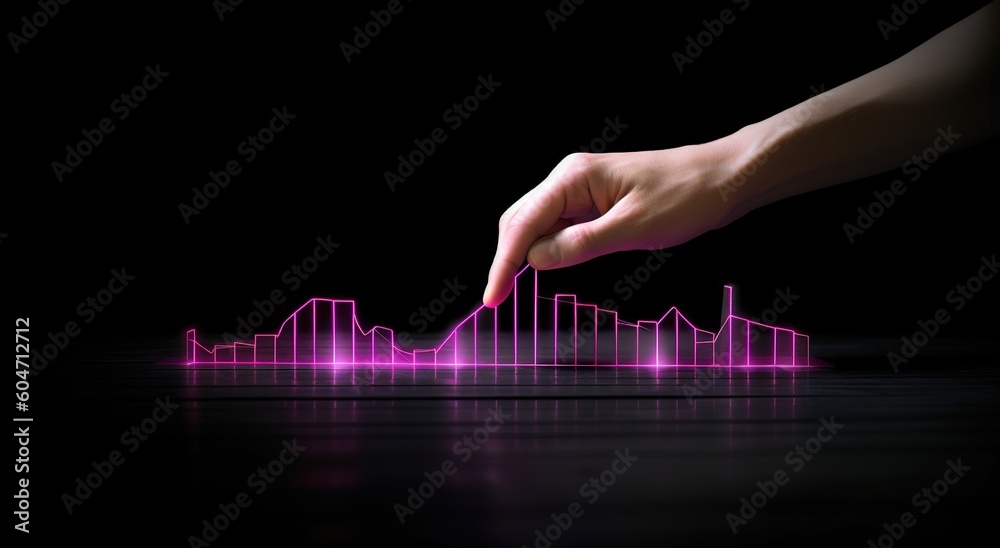 Hand touching hologram of financial chart on neon light over dark background. Generative AI Hand touching hologram of financial chart on neon light over dark background. Generative AI