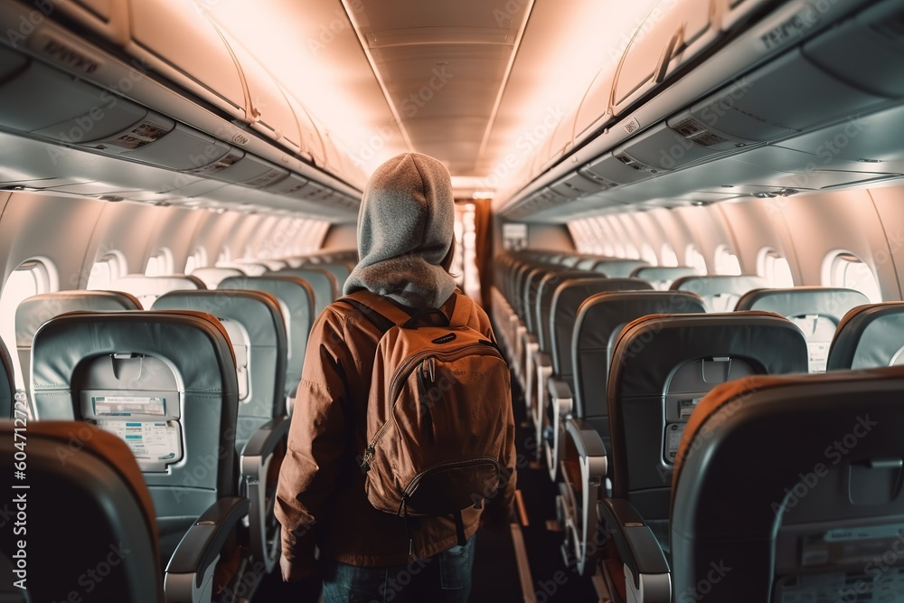 Back view of child walking through interior of airplane seats. Generative AI Back view of child walking through interior of airplane seats. Generative AI