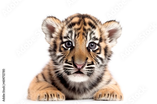Cute baby tiger posing over white background studio shot. Generative AI