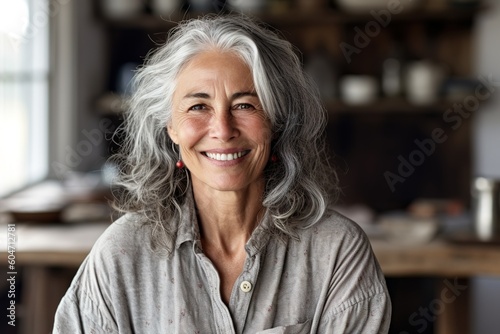 Gray hair mature woman smiling and looking at camera. Casual portrait. Generative AI