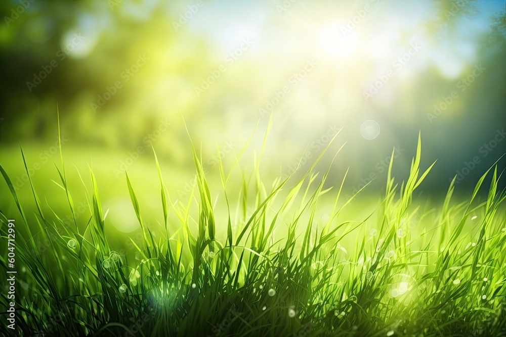 Obraz premium sunny grassy field with a blue sky in the background. Generative AI