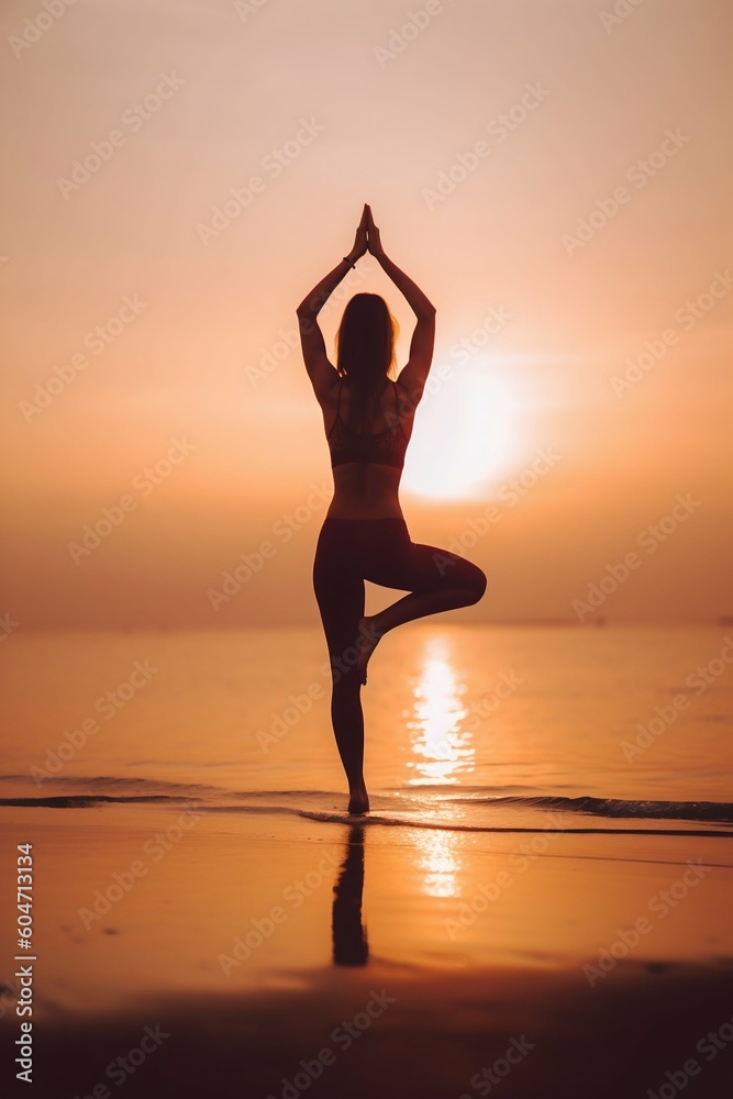 Active Woman Practicing Yoga Pose in the Morning at the Beach. Generative ai