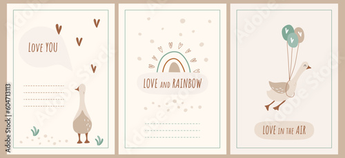 Set of kids posters with cute geese. Vector nursery posters with birds, rainbows and heart. Printable collection. of cards.