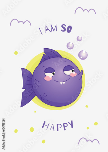 Cute smile happy fish. Printable card design for kids. Vector illustration