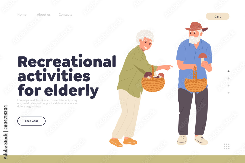 Recreational activities for elderly concept for landing page with happy old people picking mushrooms