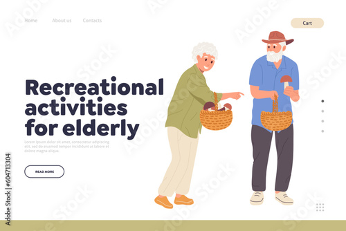 Recreational activities for elderly concept for landing page with happy old people picking mushrooms