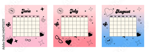 A calendar of June July August month with stars, butterflies, hearts, sun, sunglasses on pink and blue background in y2k style