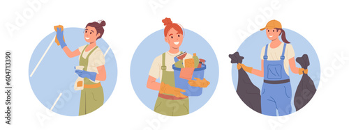 Professional home cleaning service staff characters round frame icon isolated on white background