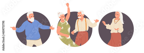 Set of round frame icons with happy overjoyed old people character dancing alone or together