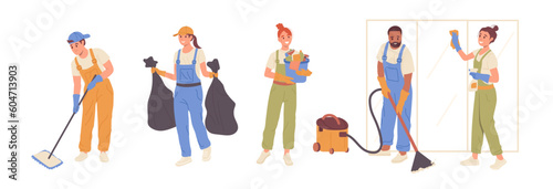 Set of flat cartoon people characters from home cleaning service wearing uniform holding tools