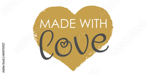 Made with Love lettering, vector illustration in Gray and Matte Gold with a golden heart in the background, perfect for branding small businesses or for wedding invitations