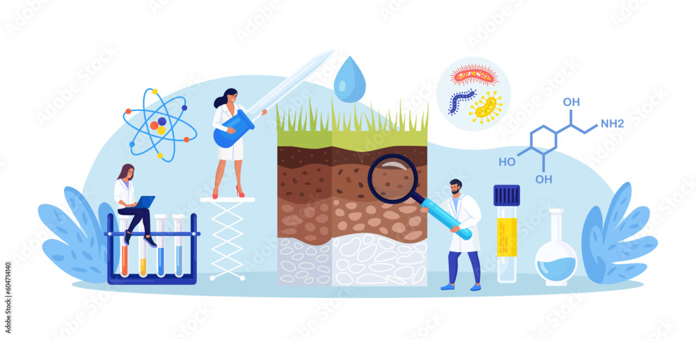 Soil analysis, earth pollution. Scientists study of composition of substances in ground layer structure sample. People research soil nutrients, microorganism in laboratory. Bioengineering, chemistry