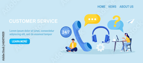 Customer Service Agent with Headsets Talking with Client. Technical Global Support, Assistance, Call Center. Contact Us. Hotline. Satisfaction and Loyalty. Customers care