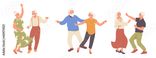 Set of dancing elderly people character romantic loving couple moving together holding hands