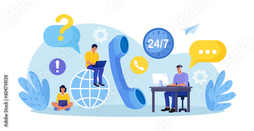 Customer Service Agent with Headsets Talking with Client. Technical Global Support, Assistance, Call Center. Contact Us. Hotline. Satisfaction and Loyalty. Customers care