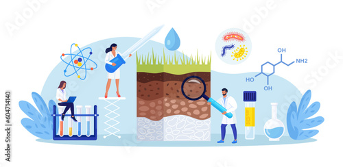 Soil analysis, earth pollution. Scientists study of composition of substances in ground layer structure sample. People research soil nutrients, microorganism in laboratory. Bioengineering, chemistry