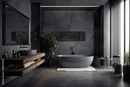 Interior of the bathroom is dark with a bathtub on a platform  a basin  a dresser  and accessories. The floor is grey concrete. a hotel bathroom with a wall that represents a copy space. Generative AI