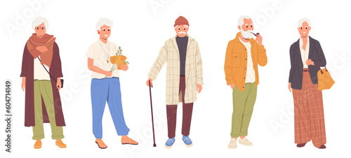 Modern old people, happy stylish senior man and woman characters wearing fashion casual clothing set