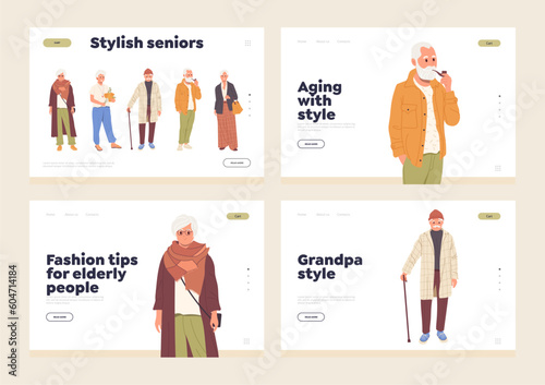 Set of landing page for online shopping service offering trendy outfit and casual style for elderly