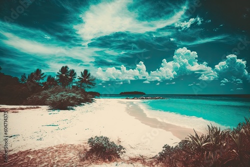 serene beach scene with blue water and cloudy sky. Generative AI