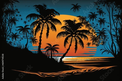 Tropical Sunset with Palm Trees. Generative AI