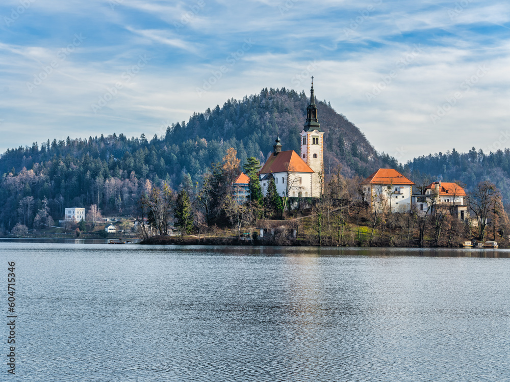 Lake Bled island church building during a winter afternoon, Bled, Slovenia