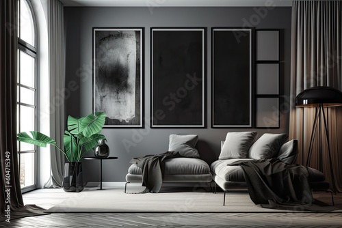 Interior space with four picture frames on the wall, no furniture, and a simple monochrome black and metallic silver color scheme. Generative AI