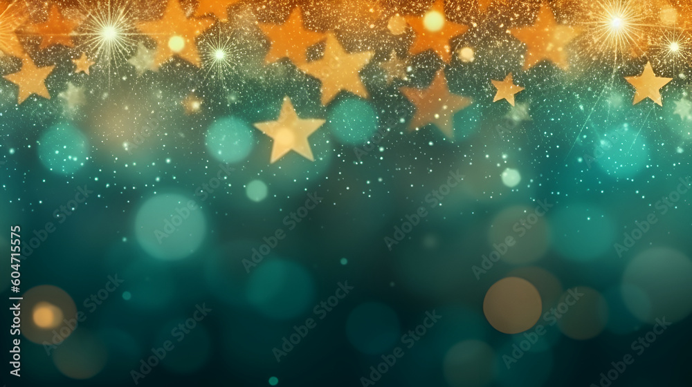 Vibrant abstract composition of stars, glittering lights and bokeh in warm orange and green gradient, celebratory atmosphere with effect of fireworks display sense of wonder and festivity. - obrazy, fototapety, plakaty 